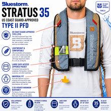 Load image into Gallery viewer, BLUESTORM Stratus 35 Inflatable Life Jacket PFD for Adults (Legendary Tan) | US Coast Guard (USCG) Approved Automatic Self Inflating Life Vest Preserver with Manual Ripcord