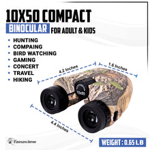 Load image into Gallery viewer, 10x50 Compact Binoculars for Adults - Long Distance View, High Powered Binoculars with Travel Case - Lightweight, Large Eyepiece, Water & Fog Proof - Hunting, Bird Watching, Cruise