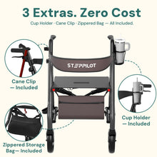 Load image into Gallery viewer, StepPilot Zero Wobble Rollator Walker with Seat for Seniors, 350lb Capacity, 18" Extra Wide Seat, 8" Wheels & Dual Brake, One-Hand Folds to 9.6", 7-Level Handle Adjustable, Cup Holder & Cane Clip