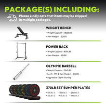 Load image into Gallery viewer, HANDBODE Squat Rack with Pull Up Bar 7ft Barbell, Weight Bench, Weight Plates Set 370 lb, Silver