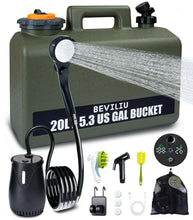 Load image into Gallery viewer, Beviliu Portable Camping Shower with 5 Gallon Food Grade Jug, 6000mAh Rechargeable Pump, Dog Shower Brush, IPX8 Waterproof Portable Shower for Camping, Beach, RVs, Dog Washing - Shower Max