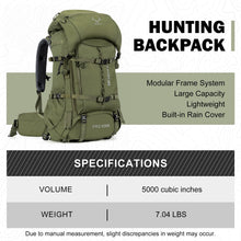 Load image into Gallery viewer, MOXULE Pro 5000 Frame Backpack - Meat Hauler Pack with Rain Cover for Outdoor- Lightweight, Green