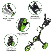 Load image into Gallery viewer, KVV 3 Wheel Foldable/Collapsible Golf Push Cart Ultra Lightweight Smallest Folding Size, New-Version Scorecard Holder Umbrella Holder Included(Black/Lime)