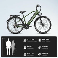 Load image into Gallery viewer, Jasion Roamer Electric Bike for Adults,1200W Peak Motor,28 mph Max Speed,528WH Removable Battery Ebike, Green