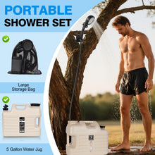 Load image into Gallery viewer, Portable Camping Shower with 5 Gallon Water Jug, 6000mAh Rechargeable Outdoor Camping Shower Kit, IPX7 Waterproof Pump BPA Free Water Containers Camp Essentials Cream