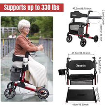 Load image into Gallery viewer, Rollator Walker for Seniors/Adults Foldable in Two Directions Rolling Walker with Seat 330 lbs Capacity 4 Big 8 inch Wheels Hand Grips Adjustable Height Lightweight Aluminum Walker 7204(Red)