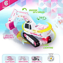 Load image into Gallery viewer, Pink RC Excavator, 6 Channel 2.4Ghz RC Construction Vehicle, 1:24 Scale Pink Excavator Toy with 360° Rotation, Light Sound and DIY Stickers