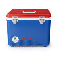Load image into Gallery viewer, Engel UC19-RWB 19 Quart Fishing Live Bait Dry Box Ice Cooler with Stain/Odor-Resistant Surface and Shoulder Strap, Red/Blue