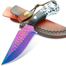 Load image into Gallery viewer, Premium Hunting Knife with Leather Sheath, 4.2" Damascus Style Fixed Blade Knife, Rainbow Titanium Coated German High Carbon Steel, Two-Tone Wood Handle,Unique Outdoor EDC Knife Gift for Men and Women (Dazzling colors) (New Dazzling Colors)