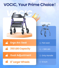 Load image into Gallery viewer, VOCIC Walkers for Seniors, Z21 Rollator Walker with Seat Supports 350lb, 8" Big Wheels for All Terrain, Ergonomic Arc Seat & 6" Ultra Backrest Foldable Walker, Dual Height Adjustment, Lightweight 2026