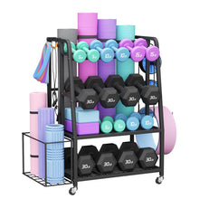 Load image into Gallery viewer, VOPEAK Dumbbell Rack for Home Gym, Adjustable Weight Rack Stand with Wheels, Heavy Duty Steel Storage Organizer for Dumbbells Kettlebells Yoga Mat, with Locking Casters & Side Hooks