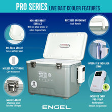 Load image into Gallery viewer, ENGEL 19 Quart Live Bait Cooler PRO for Fishing - Portable Minnow and Bait Bucket with Lithium-Ion Rechargeable Aerator - Silver (19Qt)