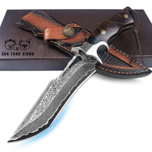 Load image into Gallery viewer, SAN TONG XIONG Damascus Hunting Knife,10.4" Fixed Blade VG10 Leather Sheath