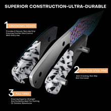 Load image into Gallery viewer, Premium Hunting Knife with Leather Sheath, 4.2" Damascus Style Fixed Blade Knife, Rainbow Titanium Coated German High Carbon Steel, Two-Tone Wood Handle,Unique Outdoor EDC Knife Gift for Men and Women (Dazzling colors) (Rainbow-color)