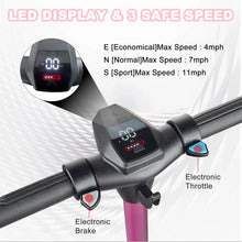 Load image into Gallery viewer, Kids Ages 6-12, 150W Motor, 4/7/11 Mph, 60 mins Ride Time, Adjustable Speed, LED Display, Colorful Lights, Electronic Brake (Pink)
