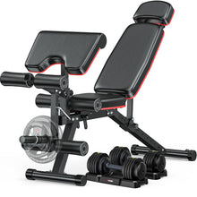 Load image into Gallery viewer, XDDIAS Workout Bench, Adjustable Weight Bench with Leg Extension and Leg Curl, Extended Headrest, 900LBS Preacher Curl Bench Incline Decline Flat Workout Bench with A Pair of 55LB Adjustable Dumbbells