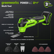 Load image into Gallery viewer, GREENWORKS 24V (5-TOOL) Combo (Drill + Impact Driver + Circular Saw + Multi-Tool + Flashlight), 4.0Ah + 2.0Ah (24,000mAh Power Bank) Batteries, (2) Cables, 65W Rapid Charger