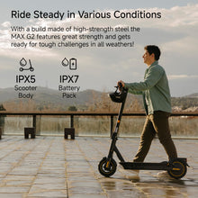 Load image into Gallery viewer, MAX G2 Electric KickScooter, Power by 1000W Motor, Up to 43 Miles Range and 22MPH, w/t 10-inch Tires , Dual Brakes & Suspension
