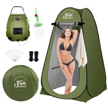 Load image into Gallery viewer, FUN ESSENTIALS Solar Shower Tent Kit, 2 Pcs, Instant Pop Up Privacy, Shower Tent, 5 Gallon Solar Shower Bag, Sun Canopy Beach Outdoor Camp Privacy, Easy Set Up, Foldable