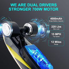 Load image into Gallery viewer, Electric Skateboards, Longboard Cruiser with Remote Control, 700W Dual Motor, Top Speed18 MPH12Miles Range 4 Speeds Adjustment, Electric Skateboards