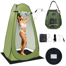 Load image into Gallery viewer, Portable Camping Bathroom Shower Tent Kit, Outdoor Pop Up Privacy Changing Tent with 5 Gallon Shower Bag-(Nozzle Upgraded) (Green)