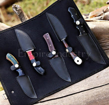 Load image into Gallery viewer, Set Of 5 Hunting Knives, Full Tang Damascus Steel Fixed Blade, Wood & Micarta Handle, Combat Knife With Leather Sheath For Bushcraft, Hiking, Camping By Empire Industry