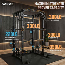Load image into Gallery viewer, SAKAE Squat Rack, Multi-Function Power Cage with Adjustable Cable Crossover System for Strength Training, Power Rack with LAT Pull Down, Pull-Up Bar, Dip Bars, Weight Bench & Training Attachments
