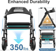 Load image into Gallery viewer, HOMLAND Foldable Rollator Walkers with Seat for Seniors, 8'' Big Wheels, 350 lb. Weight Capacity, Adjustable Handles and Seat Height, Lightweight Rolling Walker, Black