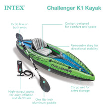 Load image into Gallery viewer, INTEX 68305EP Challenger K1 Inflatable Kayak Set: Includes Deluxe 86in Kayak Paddles and High-Output Pump – Adjustable Seat with Backrest – Removable Skeg – 1-Person – 220lb Weight Capacity