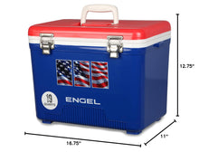 Load image into Gallery viewer, Engel UC19-RWB 19 Quart Fishing Live Bait Dry Box Ice Cooler with Stain/Odor-Resistant Surface and Shoulder Strap, USE Red, White and Blue with American Flag