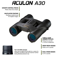 Load image into Gallery viewer, Nikon ACULON A30 10x25 Black Binocular | Dual hinge design, Fully multi-coated lightweight Binocular, Smooth Central Focus Knob | Official Nikon USA Model