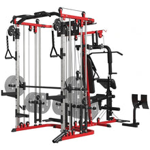 Load image into Gallery viewer, FAGUS H All in One Home Gym System Workout Station, Multi-Function Smithe Machine Power Cage with Cable Crossover-Black Red