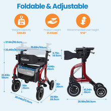 Load image into Gallery viewer, Rollator Walker for Seniors/Adults Foldable Rolling Walker with Seat 330 lbs Capacity 10 inch Wheels Hand Grips Adjustable Height Lightweight Durable Aluminum Walker Removable Back Support (Red)