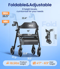 Load image into Gallery viewer, VOCIC Walkers for Seniors, Z21 Rollator Walker with Seat Supports 350lb, 8" Big Wheels for All Terrain, Ergonomic Arc Seat & 6" Ultra Backrest Foldable Walker, Dual Height Adjustment, Lightweight 2025