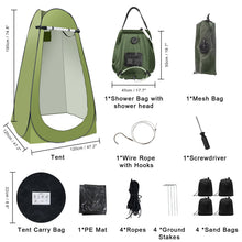 Load image into Gallery viewer, Portable Camping Bathroom Shower Tent Kit, Outdoor Pop Up Privacy Changing Tent with 5 Gallon Shower Bag-(Nozzle Upgraded) (Green)