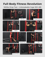 Load image into Gallery viewer, Mikolo F4 2.0 Power Cage with Dual-Track Smooth Pulley System, 1200LBS Power Rack with Leg Hold-Down for Heavy LAT Pulldowns, All-in-One Squat Rack with More Training Attachments for Home Gym (Red)