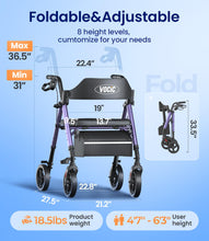 Load image into Gallery viewer, VOCIC Walkers for Seniors, Z21 Rollator Walker with Seat Supports 350lb, 8" Big Wheels for All Terrain, Ergonomic Arc Seat & 6" Ultra Backrest Foldable Walker, Dual Height Adjustment, Lightweight 2026