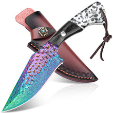 Load image into Gallery viewer, Premium Hunting Knife with Leather Sheath, 4.2" Damascus Style Fixed Blade Knife, Rainbow Titanium Coated German High Carbon Steel, Two-Tone Wood Handle,Unique Outdoor EDC Knife Gift for Men and Women (Dazzling colors) (Rainbow-color)