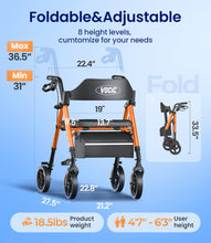 Load image into Gallery viewer, VOCIC Walkers for Seniors, Z21 Rollator Walker with Seat Supports 350lb, 8" Big Wheels for All Terrain, Ergonomic Arc Seat & 6" Ultra Backrest Foldable Walker, Dual Height Adjustment, Lightweight 2025