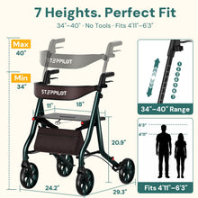 Load image into Gallery viewer, StepPilot Zero Wobble Rollator Walker with Seat for Seniors, 350lb Capacity, 18" Extra Wide Seat, 8" Wheels & Dual Brake, One-Hand Folds to 9.6", 7-Level Handle Adjustable, Cup Holder & Cane Clip