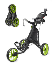 Load image into Gallery viewer, CaddyTek EZ V8 3-Wheel Golf Push Cart | Patented 1-Click Fold, Lightweight & Compact Foldable Design, Durable EVA Wheels with Foot Brake & Adjustable Handle - Dark Gray/Lime