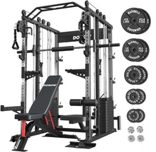 Load image into Gallery viewer, DONOW Smith Machine with Weight Stacks, Power Cage Home Gym System with LAT Pulldown Cable Crossover Multi-Functional Trainer with Dual Pulley System with Weight Bench Cast Iron Weight Plates 240lbs