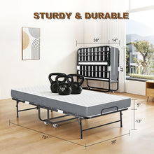 Load image into Gallery viewer, FYYXTEE Folding Bed with Memory Mattress, Twin Portable Roll Away Guest Bed with Wheels, Widened Grid Support Frame, Space-Saving for Office, Room, Basement, Small Apartment, 75" x 38" with HEADBOARD