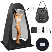 Load image into Gallery viewer, Portable Camping Bathroom Shower Tent Kit, Outdoor Pop Up Privacy Changing Tent with 5 Gallon Shower Bag-(Nozzle Upgraded)(Black)
