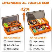 Load image into Gallery viewer, PLUSINNO 404 PCS Fishing Lures, Upgrade XL Fishing Tackle Box with Tackle Included, Crankbaits, Hooks, Weights, Other Accessories, Fishing Lure Bait Gear Equipment Kit Gift for Men Freshwater Bass