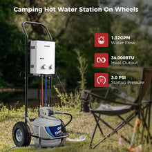 Load image into Gallery viewer, CAMPLUX 5L Portable Tankless Water Heater, 1.32 GPM Outdoor Propane Shower for Camping, RV, Off-Grid, Instant Hot Water with Folding Handle, Overheat Protection, Low Pressure Startup, AY132, White