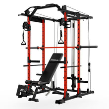Load image into Gallery viewer, Mikolo K6 Power Cage, Power Rack with Cable Crossover System, 1500LBS Squat Rack with Bar&Weight Bench-Red