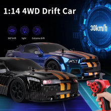 Load image into Gallery viewer, RC Drift Car, 1:14 Remote Control Car, 4WD 30KM/H High Speed RC Racing Car, 2.4GHz Electric Sport Drifting Car with LED Lights, 2 Batteries (Black)