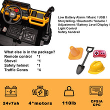 Load image into Gallery viewer, 24V Ride On Dump Truck, 24inch-2 Seater Ride On Car for Kids w/Remote Control 4WD/2WD Up to 5 Mph, 24v Ride on Toys (Yellow)