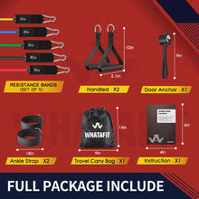 Load image into Gallery viewer, WHATAFIT Resistance Bands,Exercise Bands,Workout Bands with Handles,Door Anchor and Ankle Straps,5 Resistance Levels Fitness Bands,for Strength,Training, Physical Therapy, and Home Gym Equipment